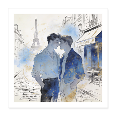 Zwei Männer Stirn an Stirn vor dem Kuss - Aquarell-Stil Blau Gold Grau - Poster 40x40 cm - Gay Art Paris