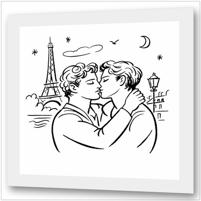 Zwei Männer küssen sich in Paris - Cocteau-Stil Linienzeichnung - Gay Love - Canvas Wandbild