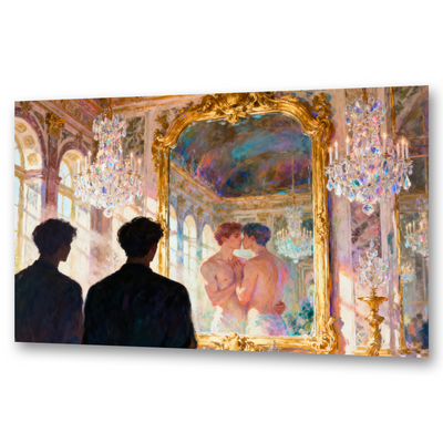 Gay Art – zwei schwule Männer vor Versailles-Spiegel, Spiegelung zeigt sie sich küssend und nackt, goldener Rahmen, Kronleuchter – KUNSTWERK BILDER