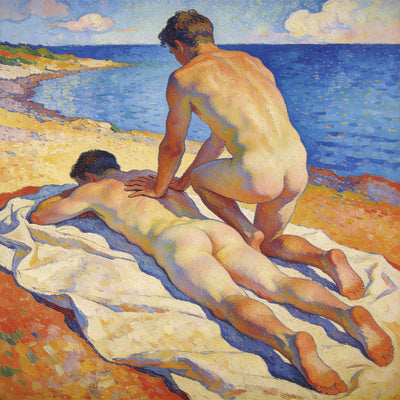 Zwei nackte Männer am blauen See im Macke-Stil – erotische Massage, einer liegt auf dem Bauch, der andere kniet über ihm