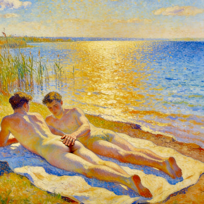 Zwei nackte Männer am blauen See im Macke-Signac-Stil – einer auf dem Bauch, Hand über der Po-Ritze, goldenes Licht