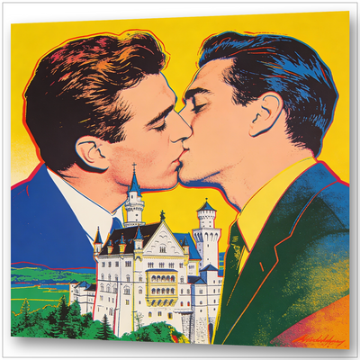 Zwei Männer küssen sich vor Schloss Neuschwanstein – Pop Art Wandbild im Warhol-Stil mit leuchtenden Farben
