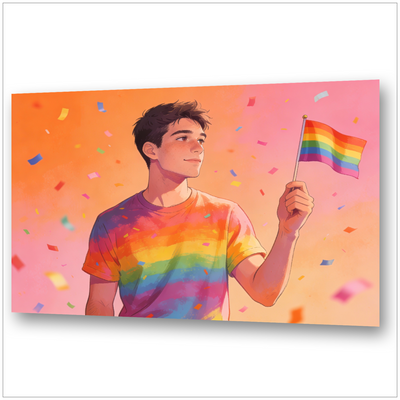 Junger Mann mit Regenbogenflagge und Rainbow-Shirt – Pride & Hope – LGBTQ+ Wandbild