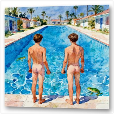 Zwei Männer am Poolrand – David Hockney-Stil – Pool blauer als der Himmel – kalifornische Ästhetik