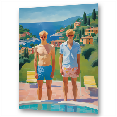 Zwei junge Männer am Pool vor Portofino-Hafen - Hockney-inspirierte Gay Art - Canvas Wandbild