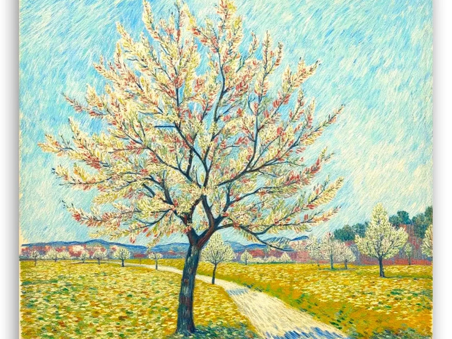 GALERIE SCHÖNE KÜNSTE - MEISTERWERKE - Blühende Bäume nach Vincent Van Gogh - Berühmte Retro Kunst neu interpetiert - Kunstdruck auf Leinwand mit Keilrahmen aufhängefertig (Motiv 1, 60x60 cm, Gerahmt)