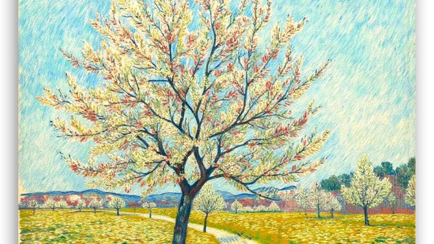 GALERIE SCHÖNE KÜNSTE - MEISTERWERKE - Blühende Bäume nach Vincent Van Gogh - Berühmte Retro Kunst neu interpetiert - Kunstdruck auf Leinwand mit Keilrahmen aufhängefertig (Motiv 1, 60x60 cm, Gerahmt)