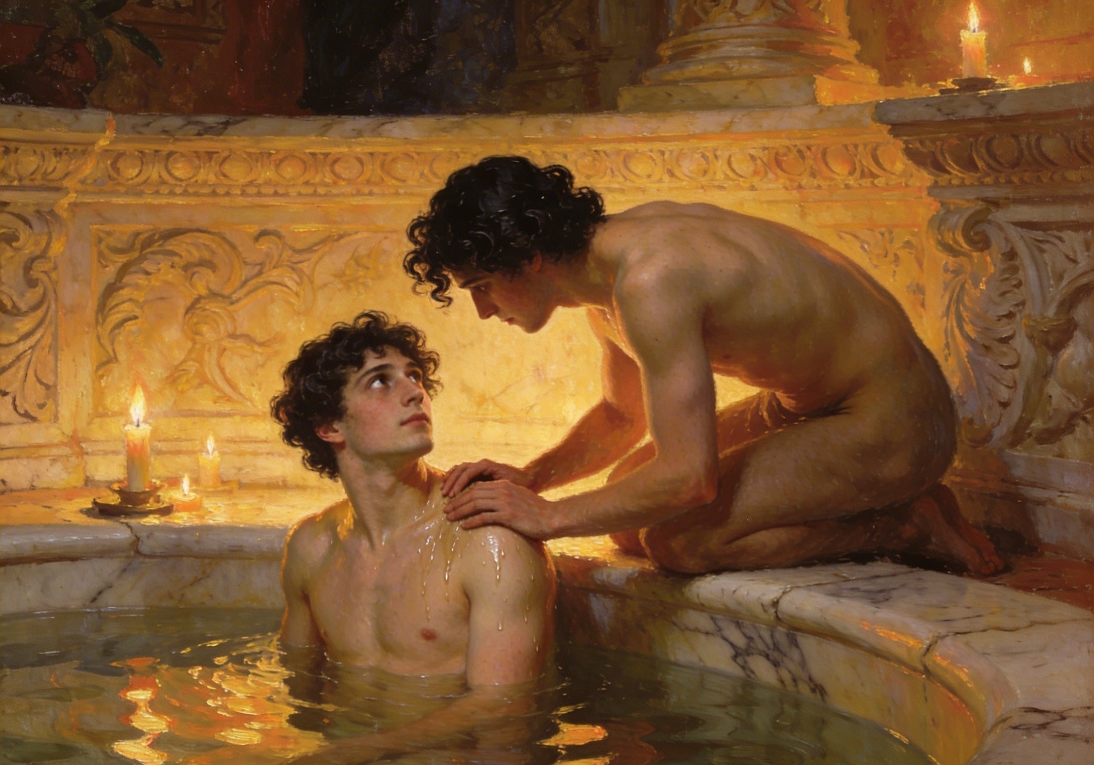 Gay Art Wandbild - Schwule Sehnsucht im antiken Bad - Kunstdruck im Solomon Stil