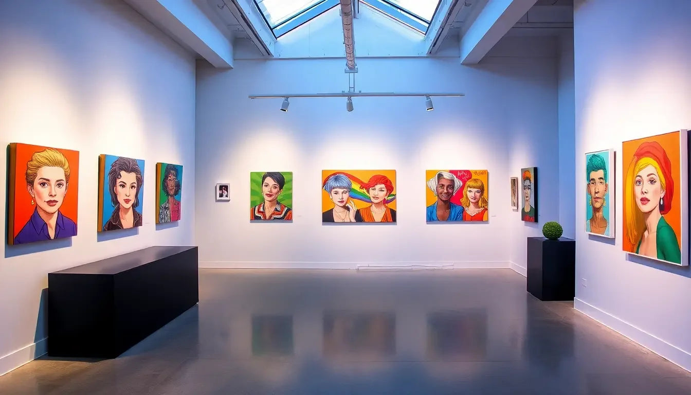 Colorful queer-themed art pieces in a modern gallery