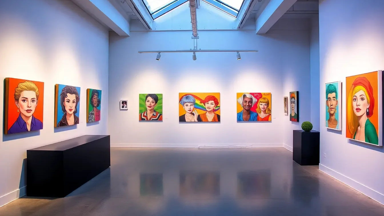 Colorful queer-themed art pieces in a modern gallery