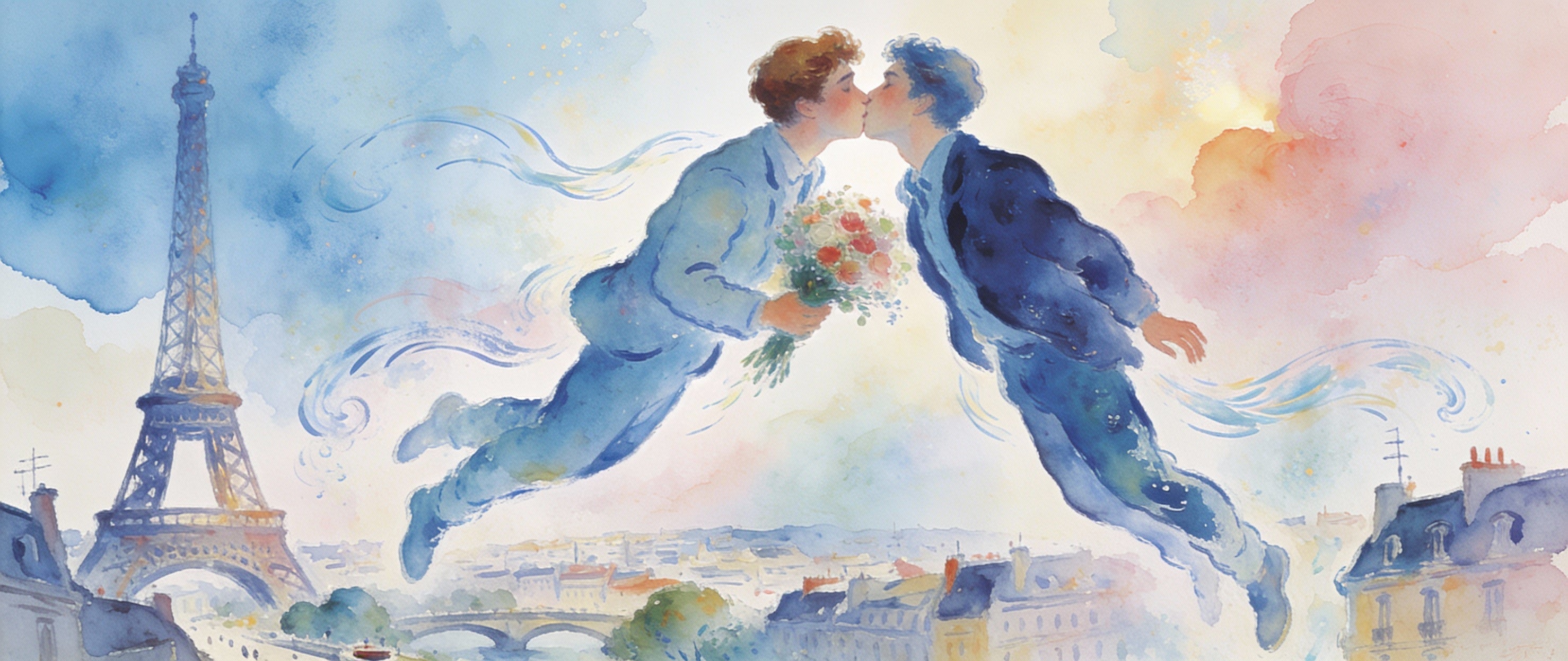 Zwei junge Männer schweben über Paris, Gay Art Chagall Stil