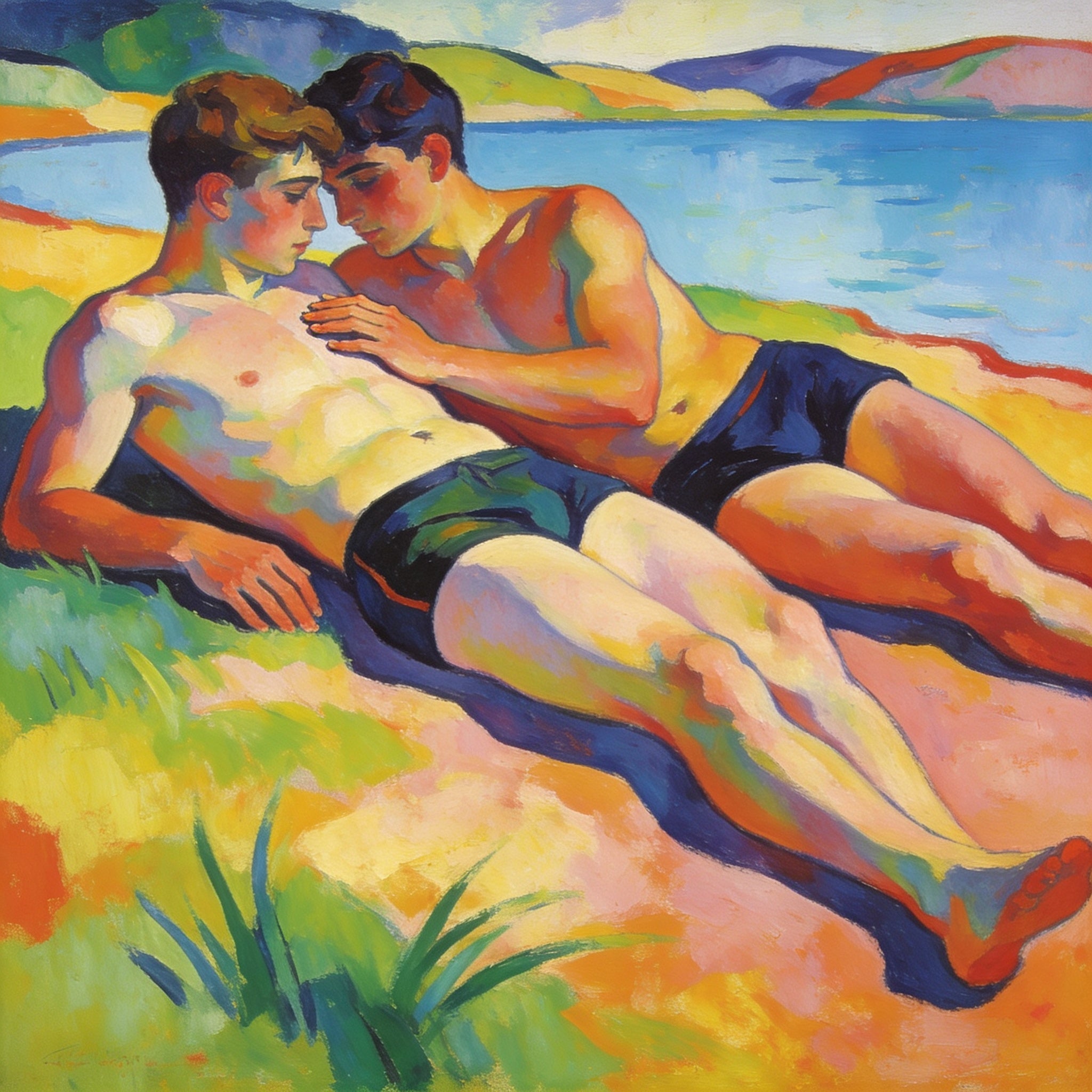 Gay Art am blauen See – Schwule junge Männer im August Macke Stil