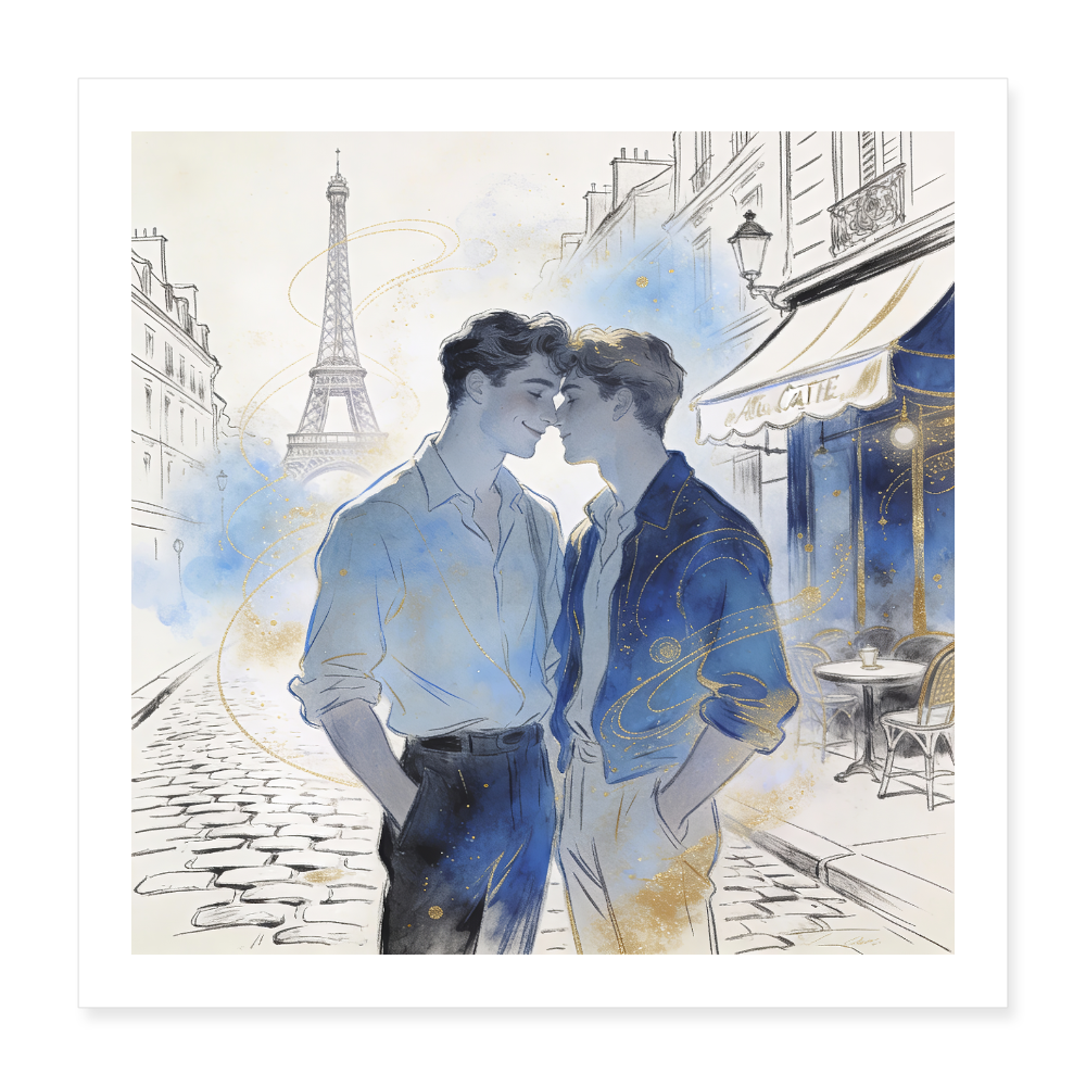Zwei Männer Stirn an Stirn vor dem Kuss - Aquarell-Stil Blau Gold Grau - Poster 40x40 cm - Gay Art Paris
