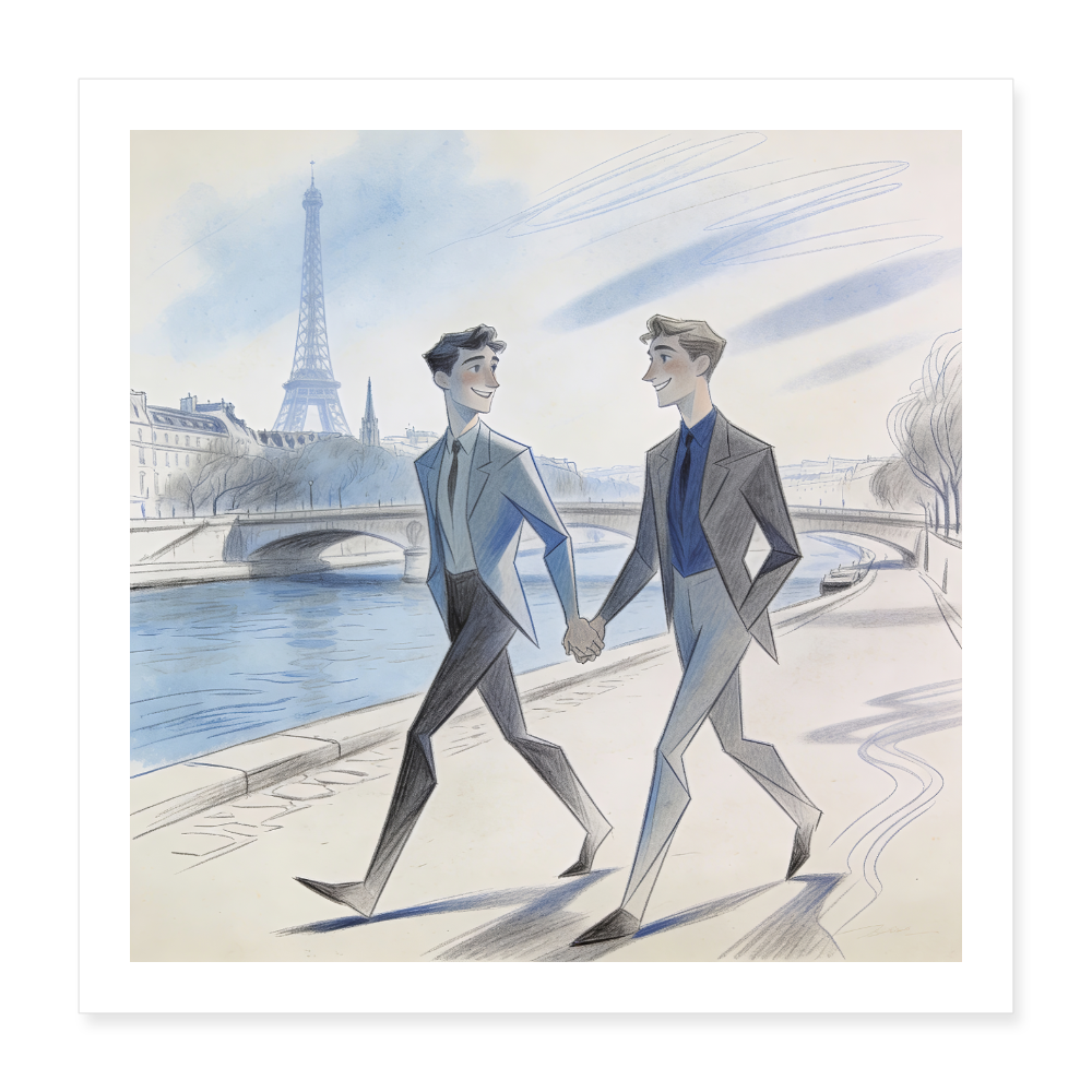 Zwei Männer Hand in Hand am Seine-Ufer vor Eiffelturm - Grafisch-illustrativer Stil Aquarell Blau Grau Beige - Poster 40x40 cm - Gay Art Paris
