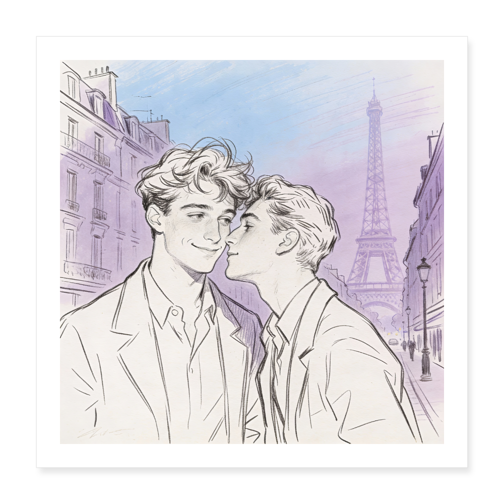 Zwei Männer in zärtlicher Annäherung in Paris - Nostalgischer Stil Pastell Rosa Blau - Poster 40x40 cm - Gay Art Paris
