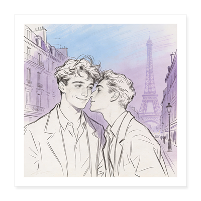 Zwei Männer in zärtlicher Annäherung in Paris - Nostalgischer Stil Pastell Rosa Blau - Poster 40x40 cm - Gay Art Paris
