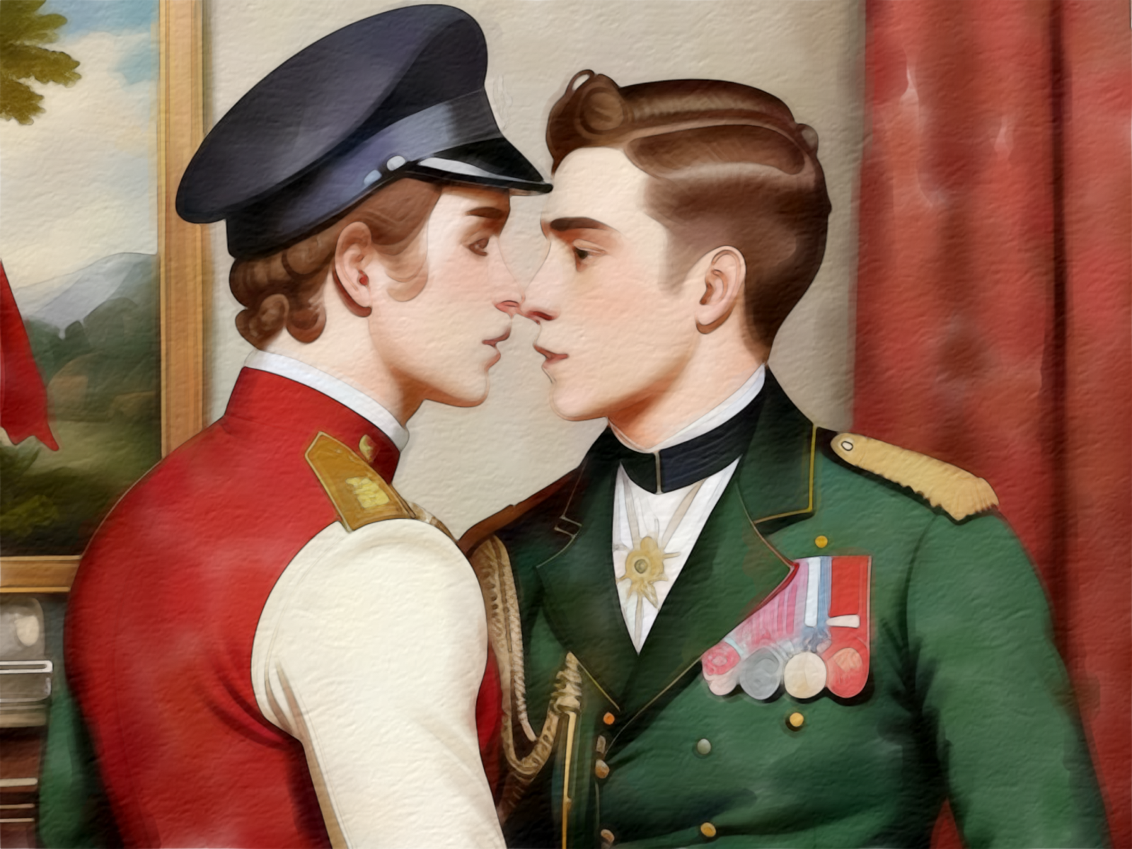 Zwei preußische Offiziere kurz vor dem Kuss - Gay Art Leinwandbild im Menzel-Stil - Preußen trifft schwule Liebe
