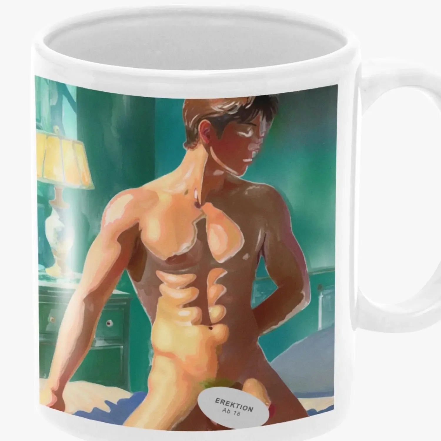 Weiße Keramiktasse mit gemaltem muskulösen nackten schwulen Mann, Akt mit Penis und Erektion, Teal-Hintergrund, GALERIE SCHÖNE KÜNSTE Special Edition