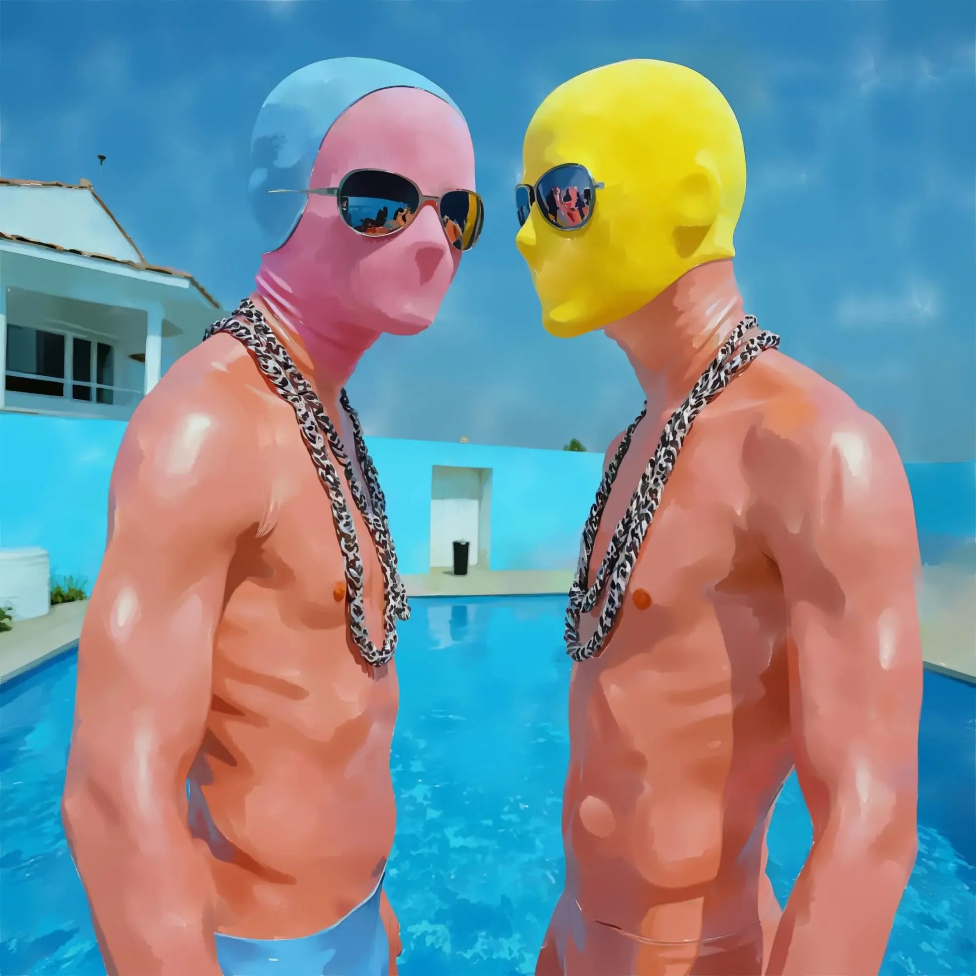 Zwei muskulöse schwule Figuren in pinken und gelben Badekappen am Pool