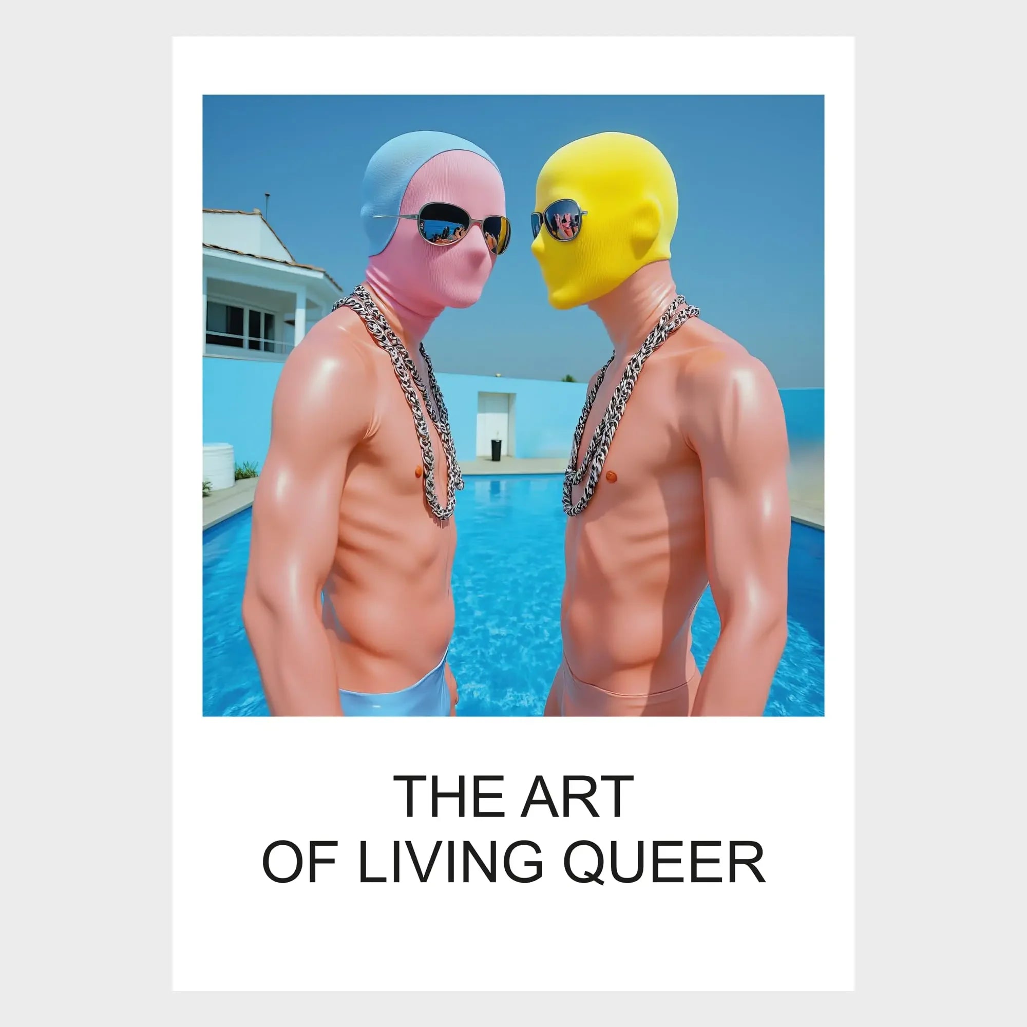 Zwei schwule Männer im Pool mit pinken und gelben Badekappen