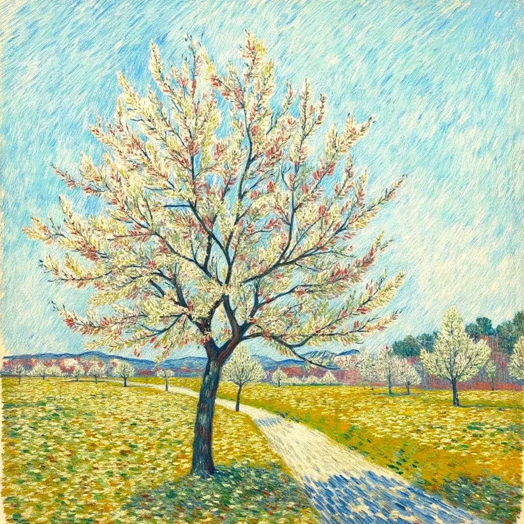 Blühender Baum von Van Gogh, weiß-rosa Blüten in sonnigem Feld