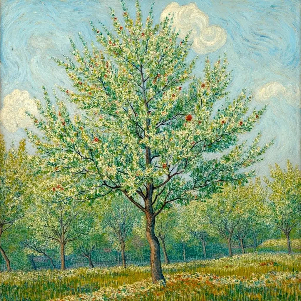 Blühender Baum im Van-Gogh-Stil mit weißen Blüten, grünen Blättern und roten Früchten