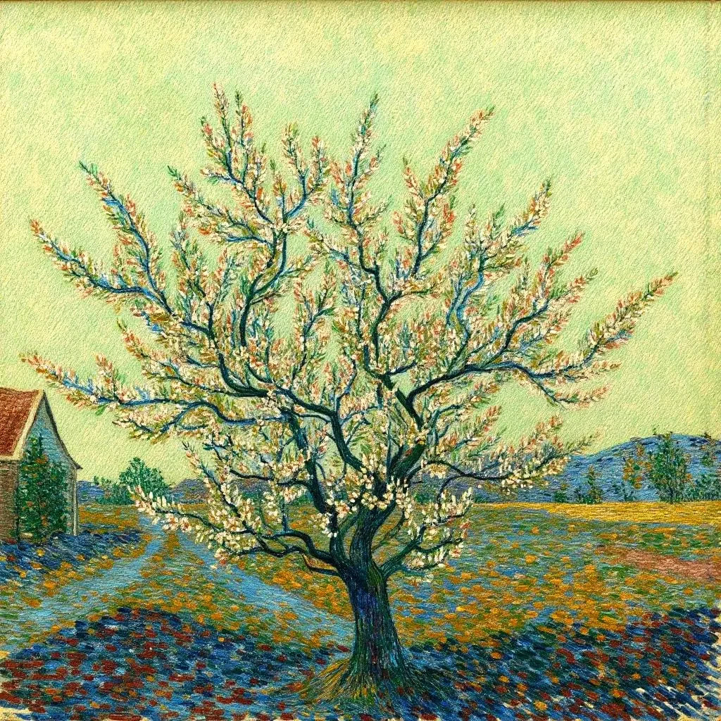 Blühender Baum im Van-Gogh-Stil, weiß-rosa Blüten, 30x30 cm Leinwanddruck