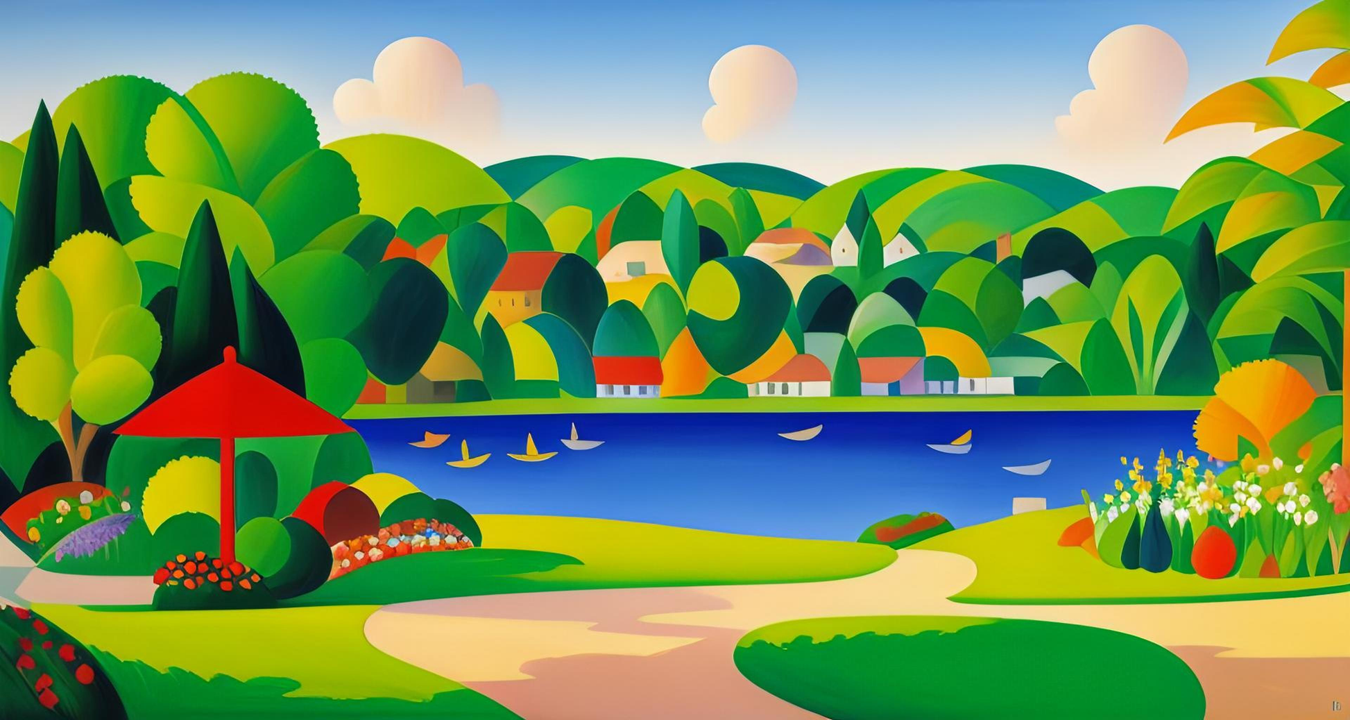 Buntes Dorf am See - Segelboote - Roter Pavillon - Grüner Wald - Naiver Stil - Leinwandbild
