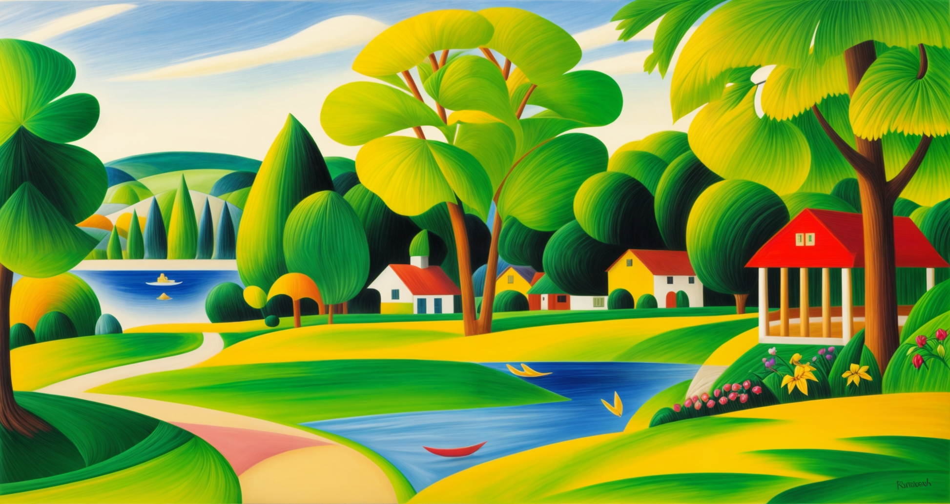 Dorf am Bach - Blauer See - Runde grüne Bäume - Gelber Pavillon - Naiver Stil - Leinwandbild
