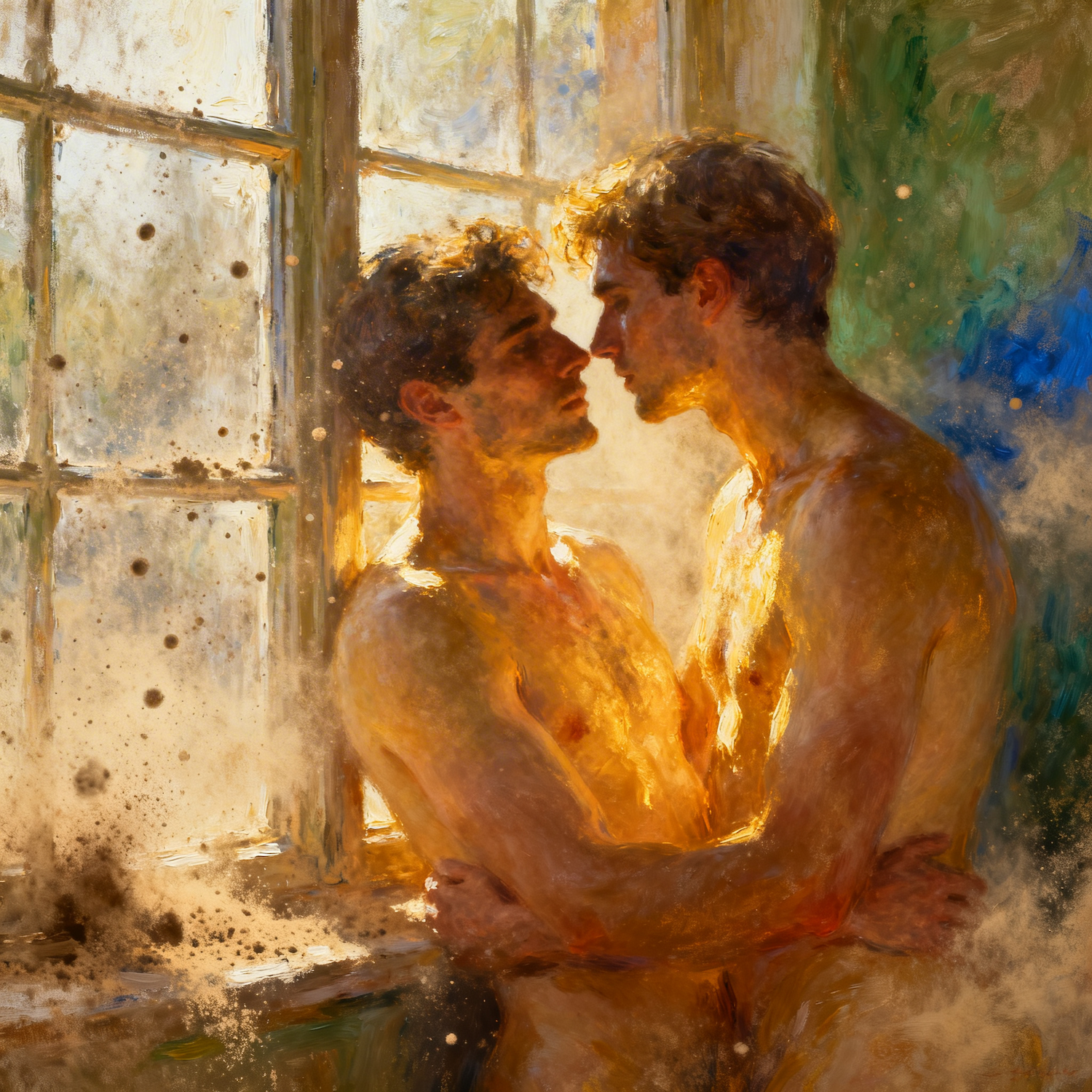 Gay Art – zwei schwule Männer nackt, eng umschlungen am Fenster, begehrend, impressionistisch – KUNSTWERK BILDER
