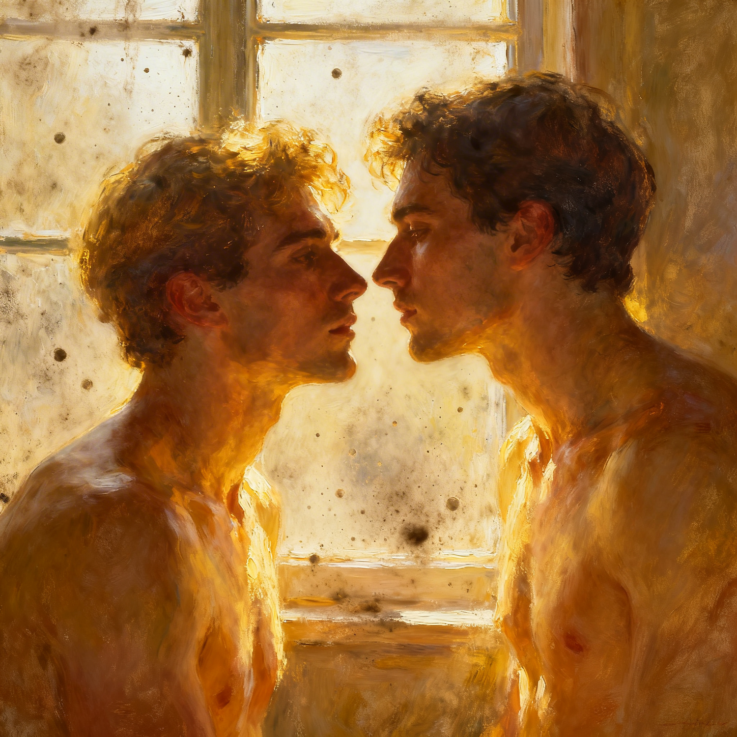 Gay Art – zwei schwule Männer nackt, Gesichter fast berührend, begehrend, impressionistisch, altes Fensterglas – KUNSTWERK BILDER
