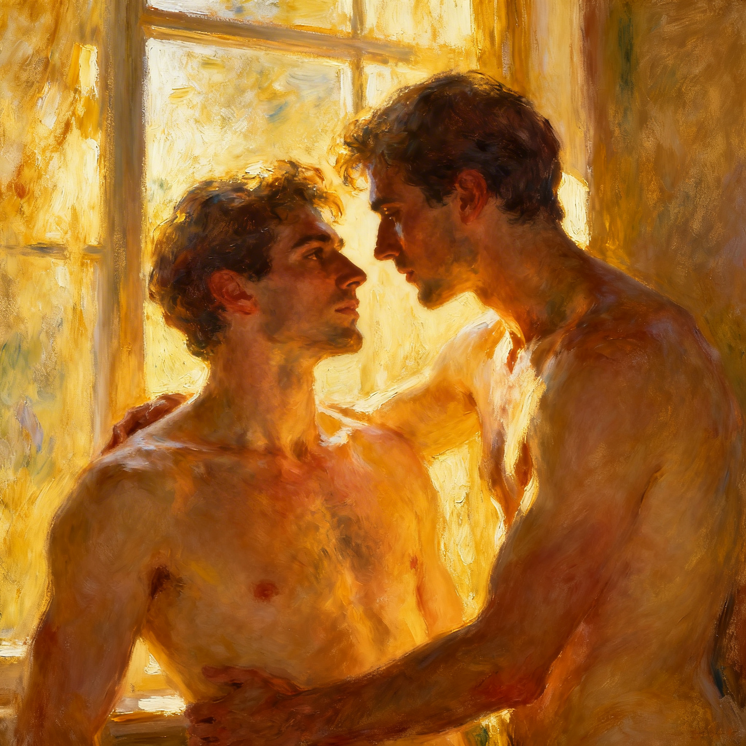 Gay Art – schwules Paar nackt im goldenen Licht, einer schaut hoch zum anderen, Hand auf der Schulter, impressionistisch, Fenster – KUNSTWERK BILDER

