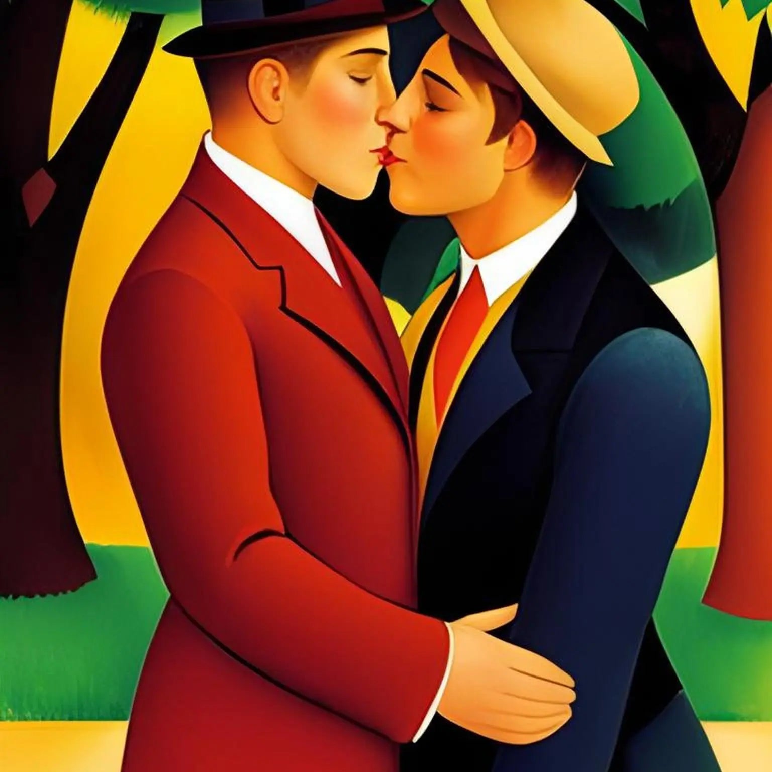 Zwei Männer in Anzügen küssen sich in tropischer Vegetation - Expressionistischer Stil nach Ernst Ludwig Kirchner - Canvas Wandbild - Gay Fine Art