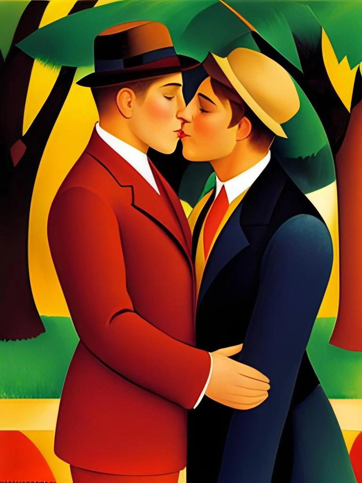 Zwei Männer in Anzügen küssen sich in tropischer Vegetation - Expressionistischer Stil nach Ernst Ludwig Kirchner - Canvas Wandbild - Gay Fine Art