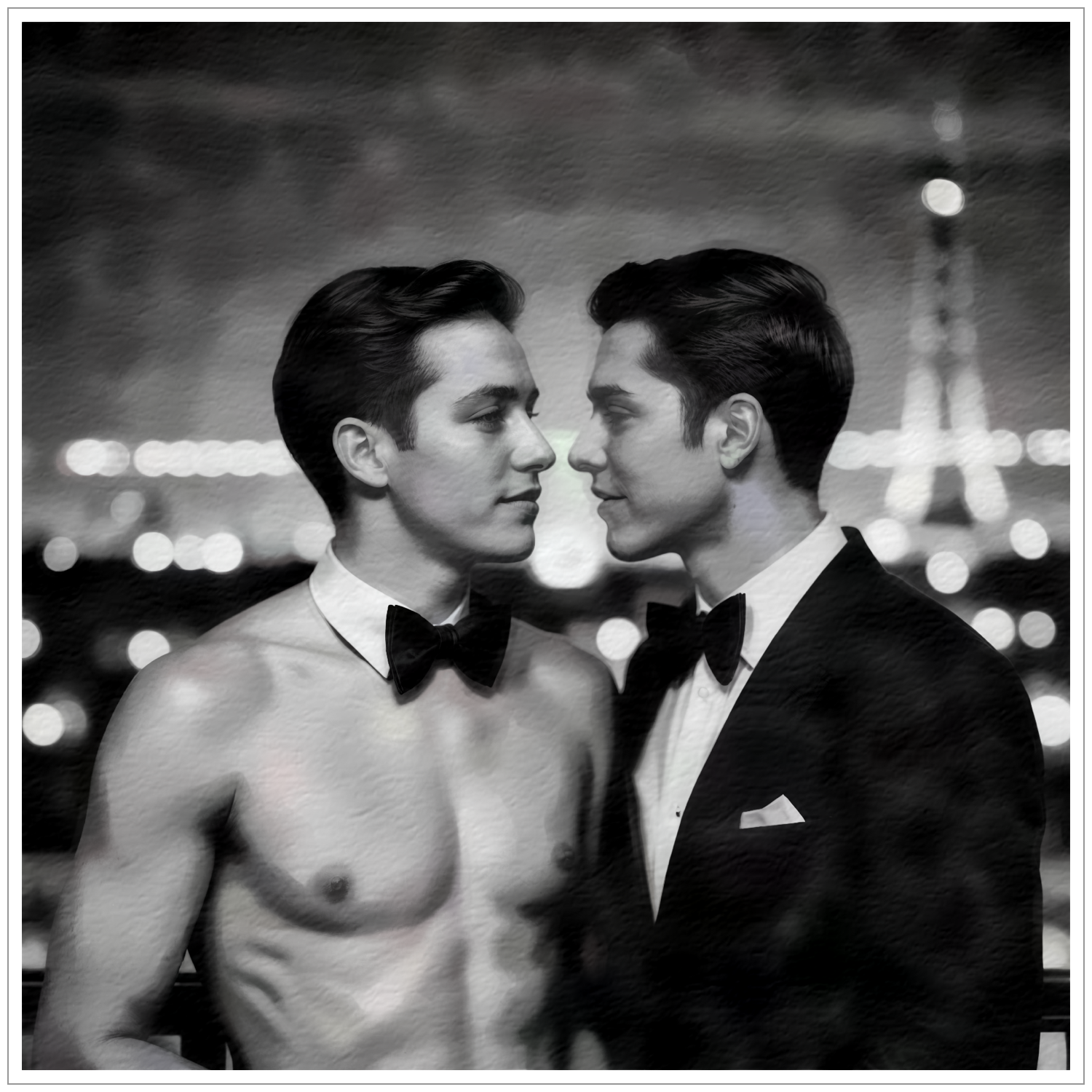 Elegante Männer vor Eiffelturm - S/W-Aquarell-Fotografie - Verliebt in Paris - Canvas Wandbild
