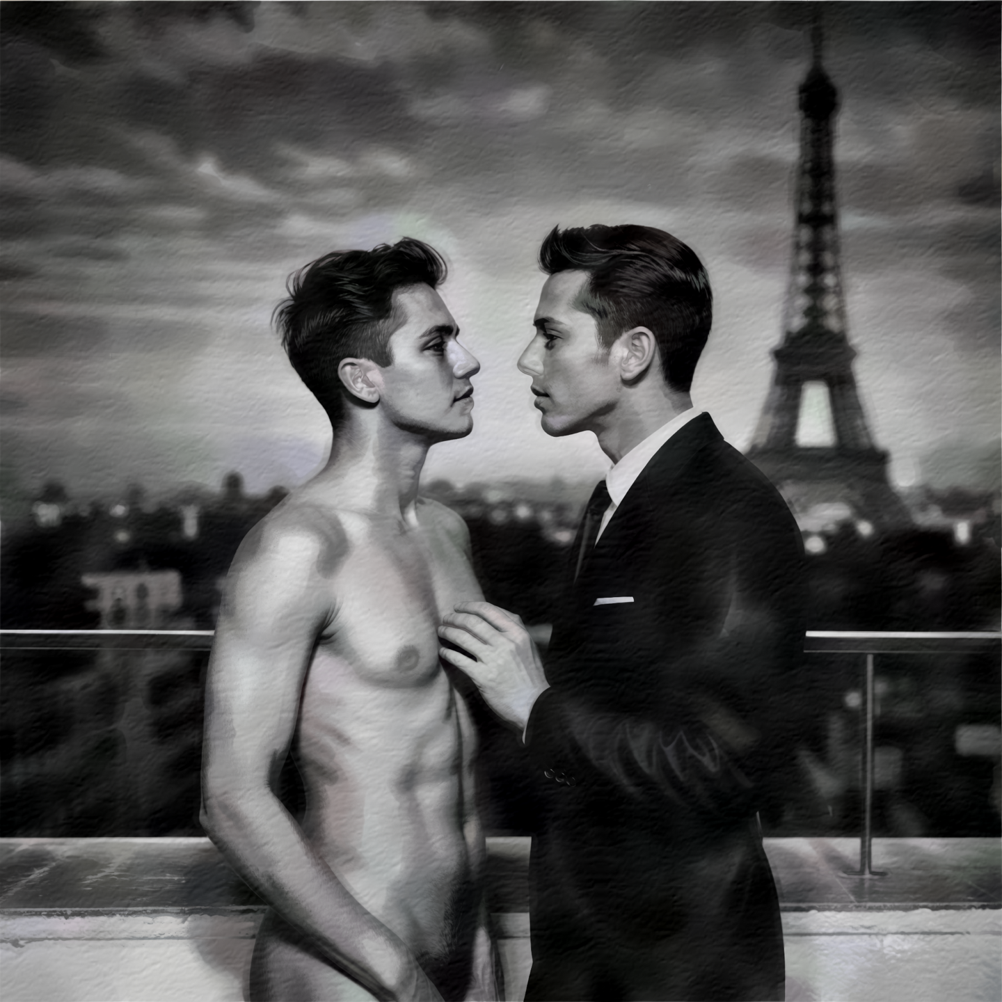 Zwei Männer auf einer Dachterrasse vor Eiffelturm - S/W-Aquarell-Fotografie - Verliebt in Paris - Leinwandbild
