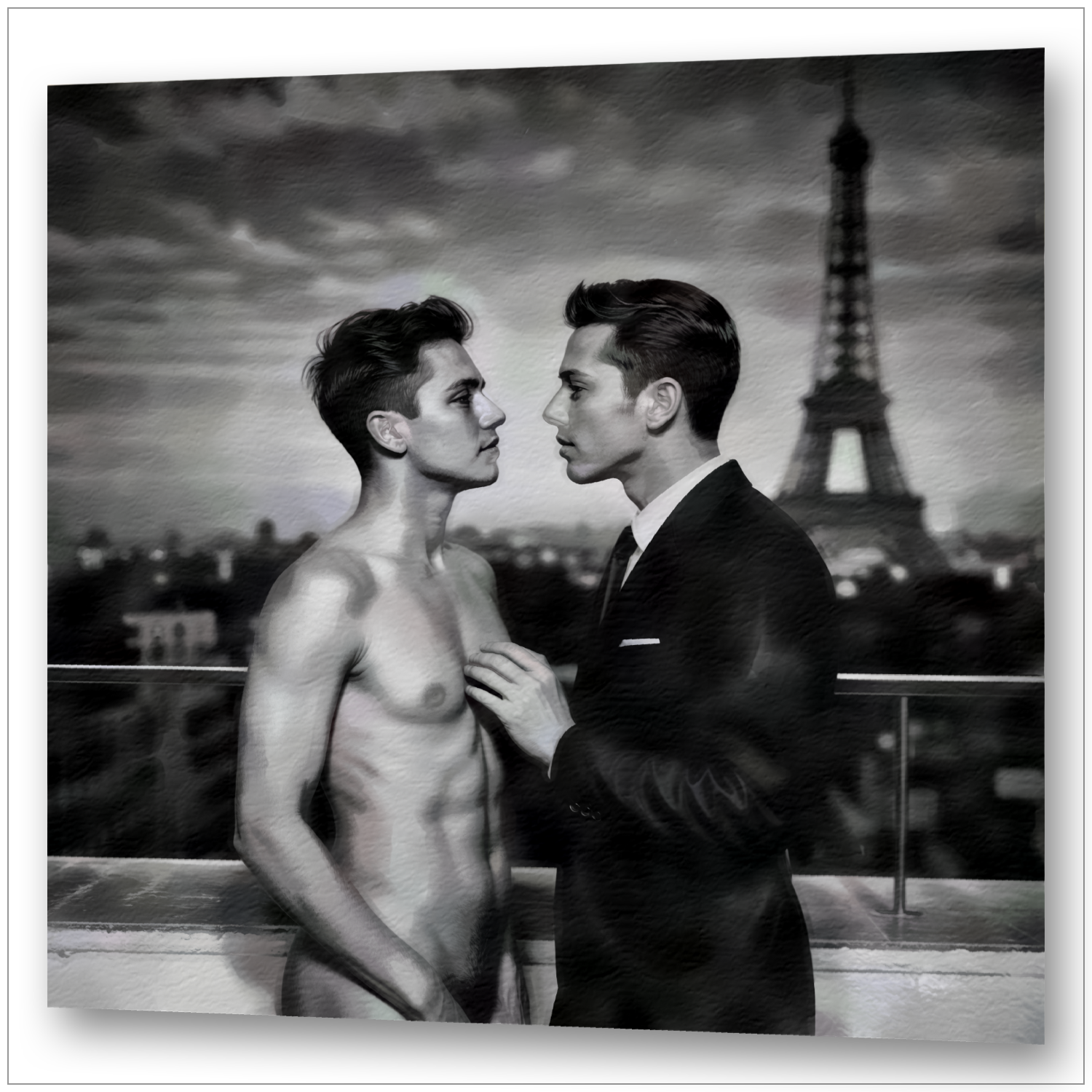 Zwei Männer auf Dachterrasse vor Eiffelturm - S/W-Aquarell-Fotografie - Verliebt in Paris - Canvas Wandbild
