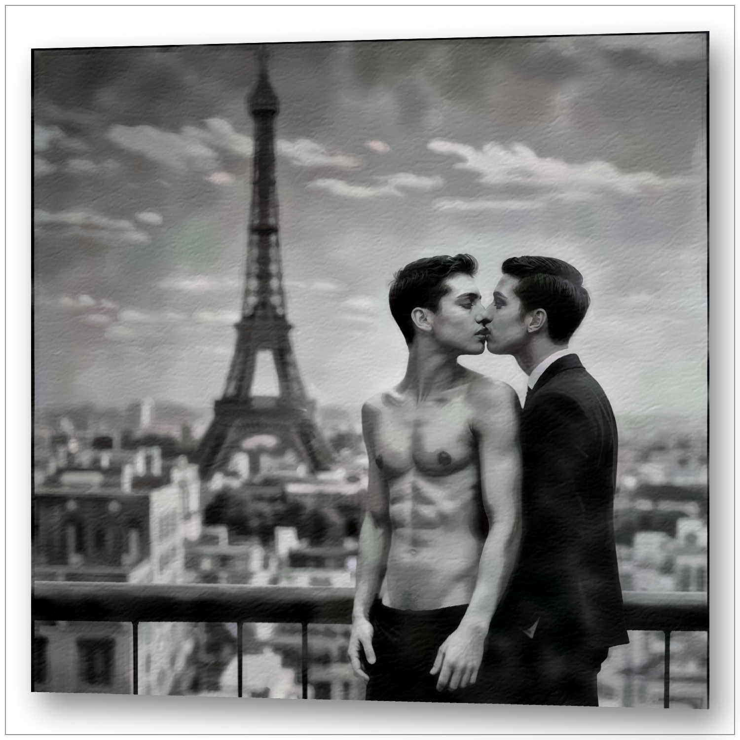 Zwei Männer im Kuss vor Eiffelturm - S/W-Aquarell-Fotografie - Verliebt in Paris - Canvas Wandbild

