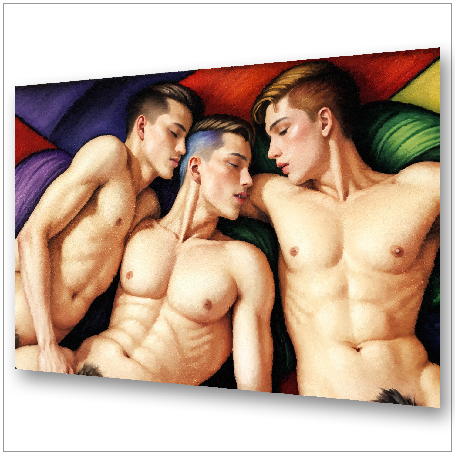 Drei Männer in intimer Umarmung vor farbintensivem Hintergrund - Gay Love Ménage à Trois - Art Déco LGBTQ+ Wandbild
