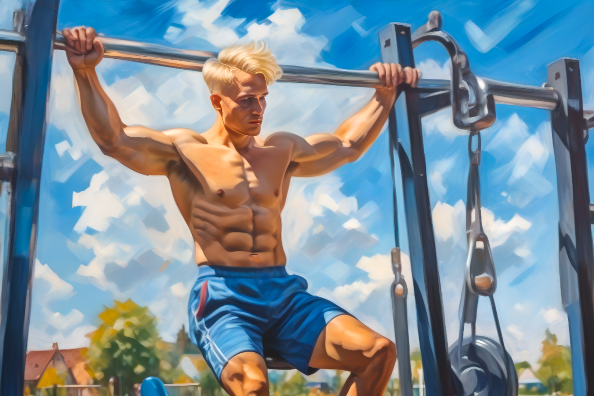 Muskulöser junger Mann beim Outdoor-Training - Moderne Gay Art  Workout Körper Kult