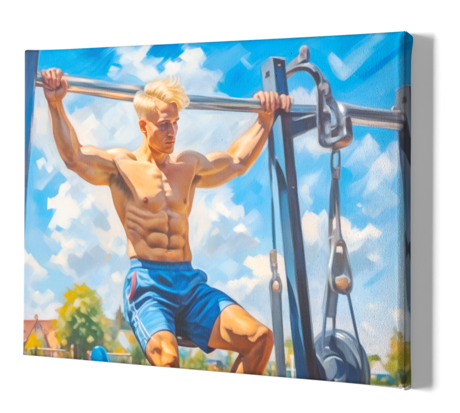 Muskulöser junger Mann beim Outdoor-Training - Moderne Gay Art - Canvas Wandbild
