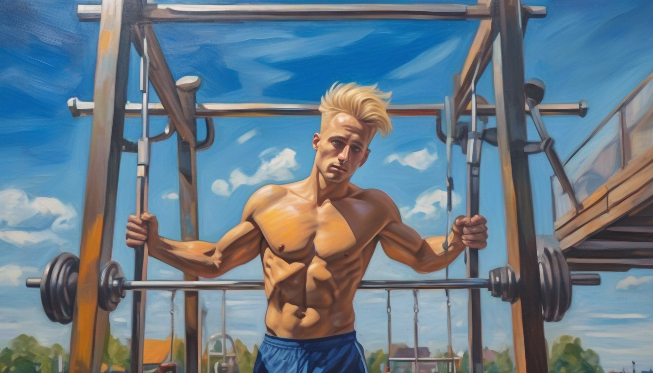 Muskulöser junger Mann beim Krafttraining mit Langhantel - Moderne Gay Art - Körper-Kult Workout
