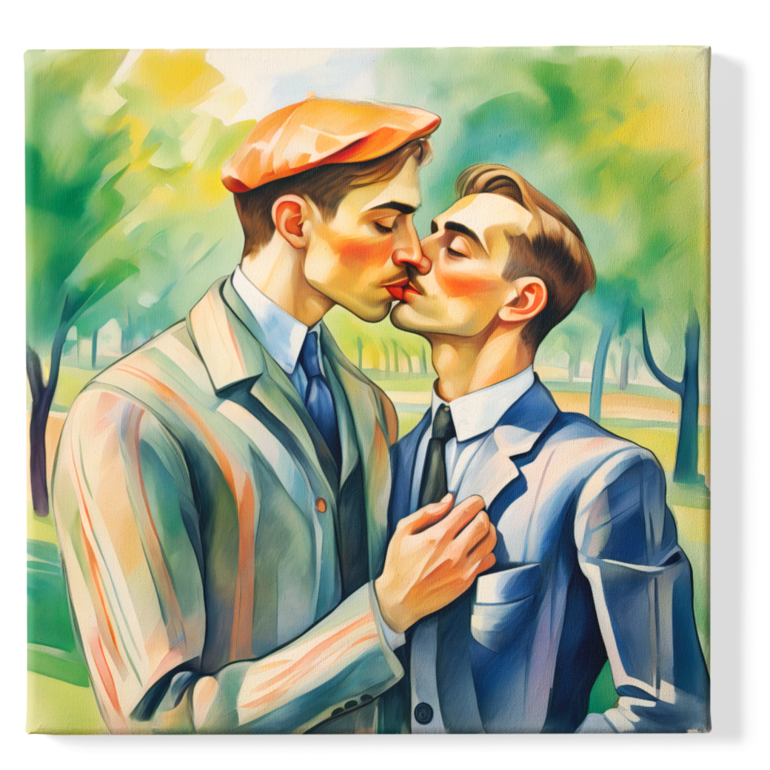 Zwei Männer in zärtlichem Kuss im Park - Vintage Gay Art - Impressionistischer Stil - Canvas Wandbild
