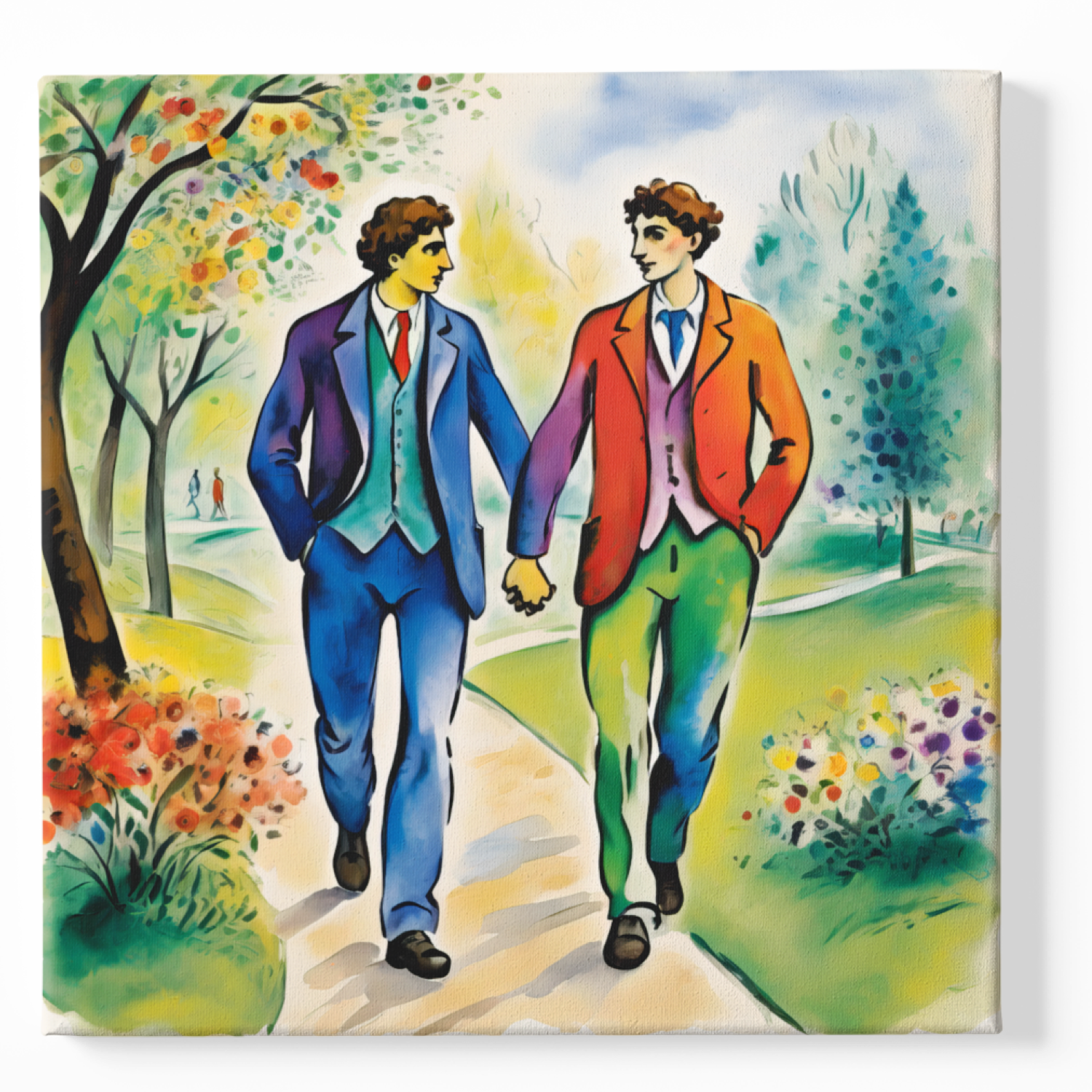 Zwei Männer Hand in Hand im Park spazierend - Chagall-inspirierte Gay Art - Träumerisch poetisch - Canvas Wandbild
