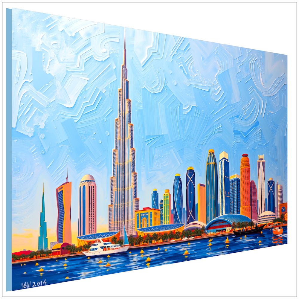 Dubai Skyline mit Burj Khalifa - Van Gogh Stil mit leuchtenden Farben und expressionistischen Pinselstrichen - Moderne Kunst Wandbild
