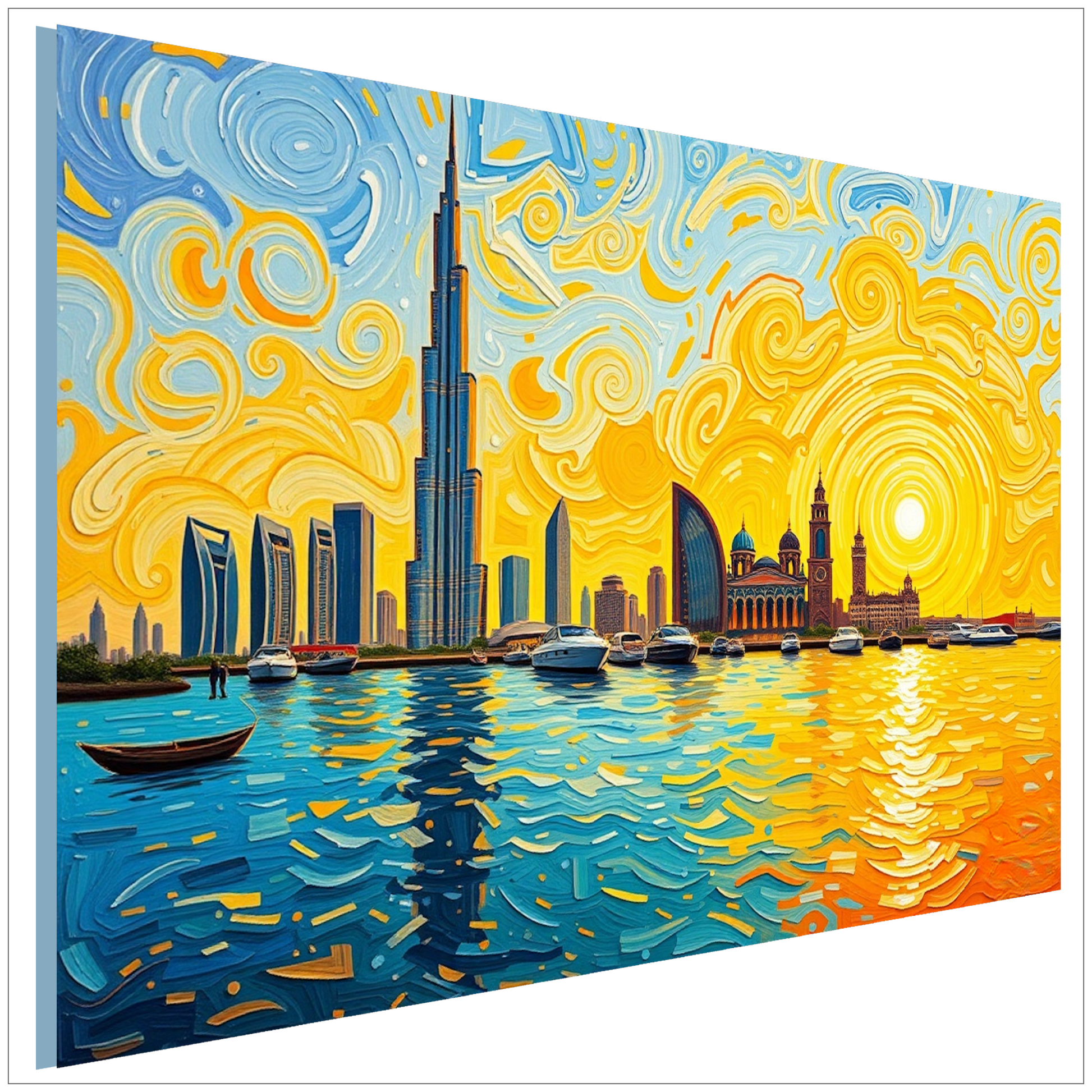 Dubai Skyline - Van Gogh Stil - Goldener wirbelnder Himmel - Burj Khalifa - Canvas Wandbild
