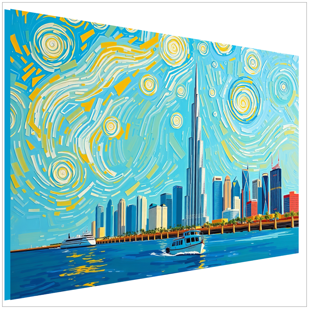Dubai Skyline - Van Gogh Stil - Türkiser wirbelnder Himmel mit goldenen Spiralen - Burj Khalifa - Canvas Wandbild
