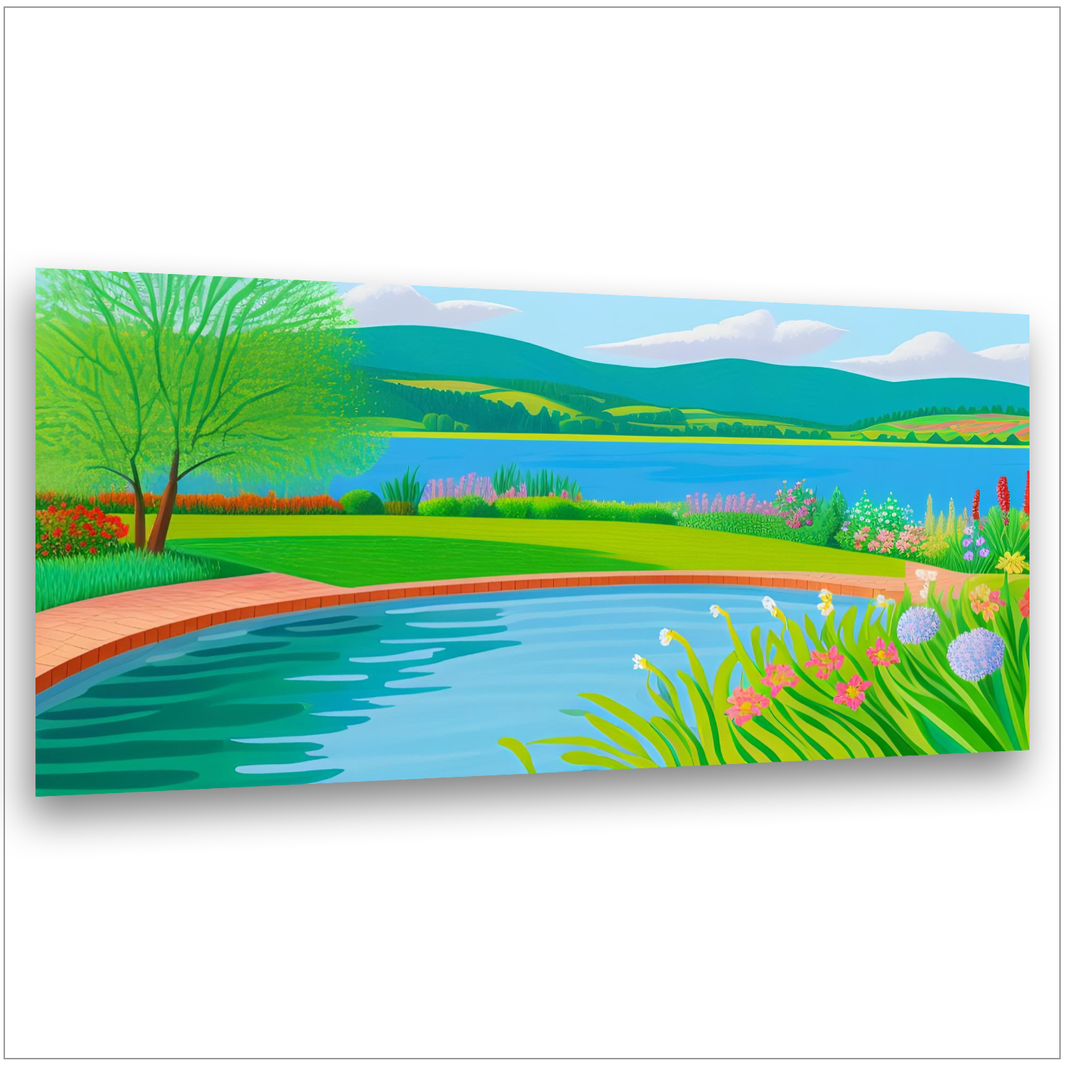 Idyllische Seelandschaft - Zwei türkisblaue Seen - Grüne Hügel und Berge - Bunter Blumengarten - Canvas Wandbild
