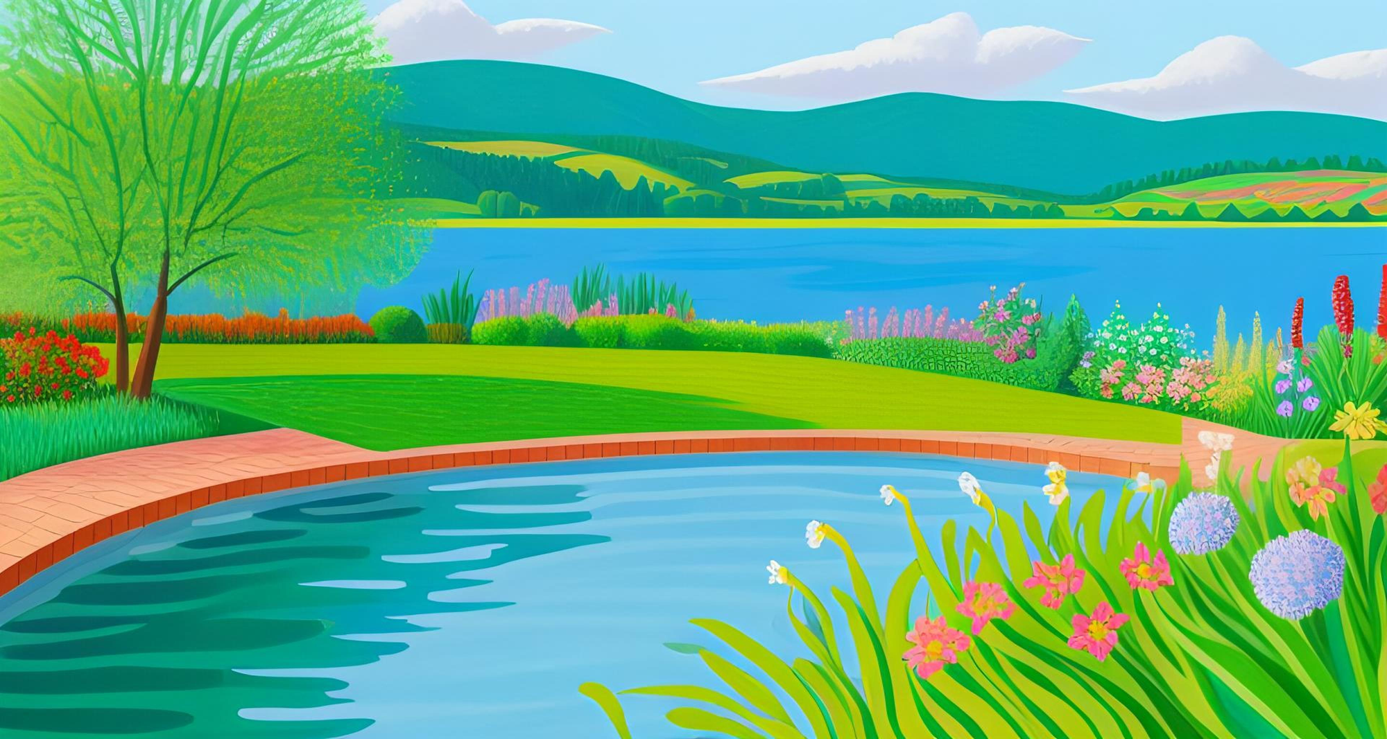 Idyllische Seelandschaft - Zwei türkisblaue Seen - Grüne Hügel und Berge - Bunter Blumengarten - Leinwandbild
