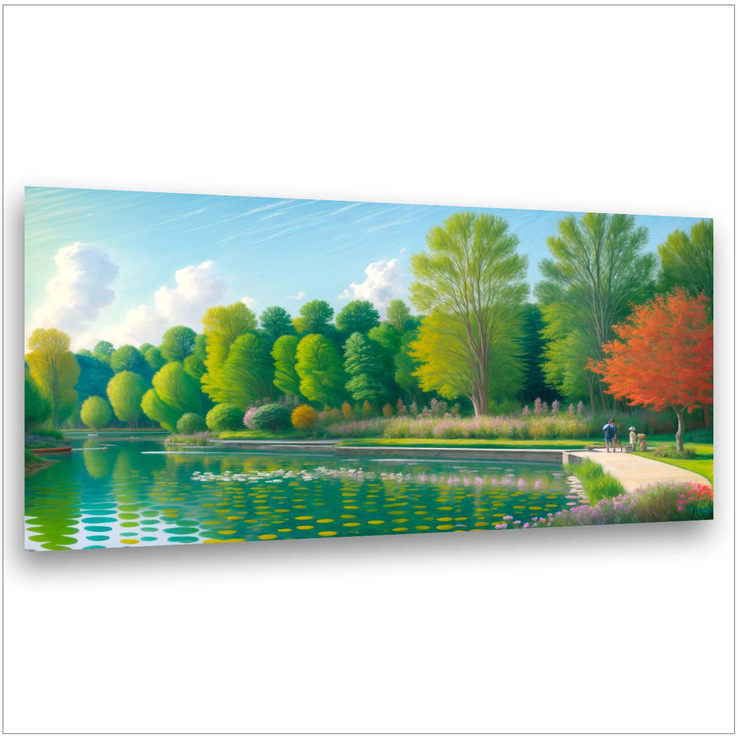 Herbstlicher See mit Spiegelungen - Roter Herbstbaum - Grüner Wald - Spaziergänger - Canvas Wandbild
